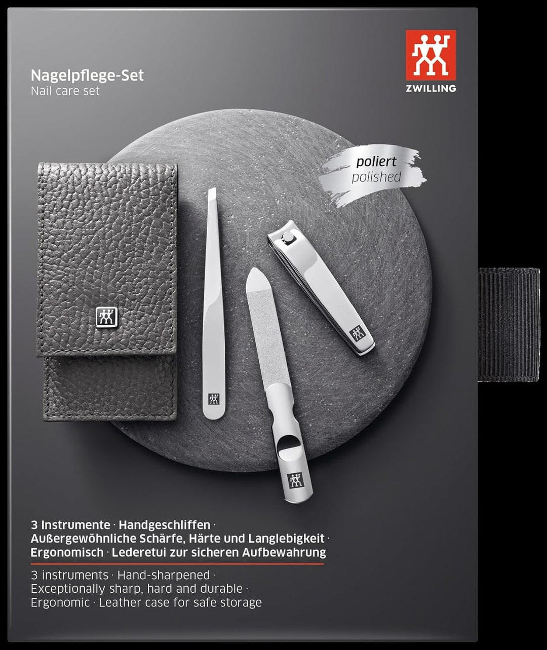 ZWILLING Maniküreset (3 Teilig, Nagelpflege und Pediküre, Echt Leder Etui, mit Nagelknipser), Edelst