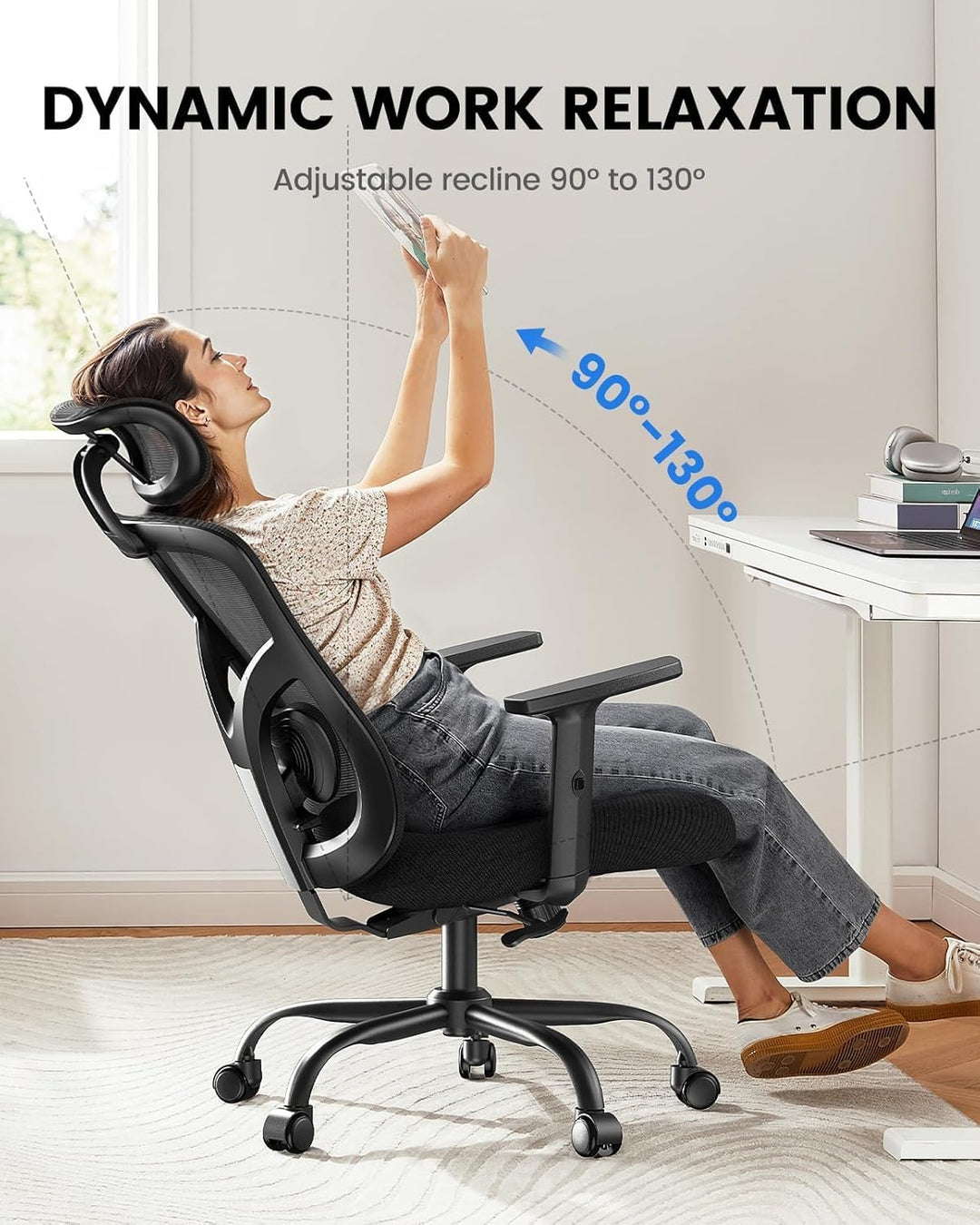 NOBLEWELL Bürostuhl Ergonomisch mit Stummrädern, Schreibtischstuhl mit Wippfunktion & verstellbare H
