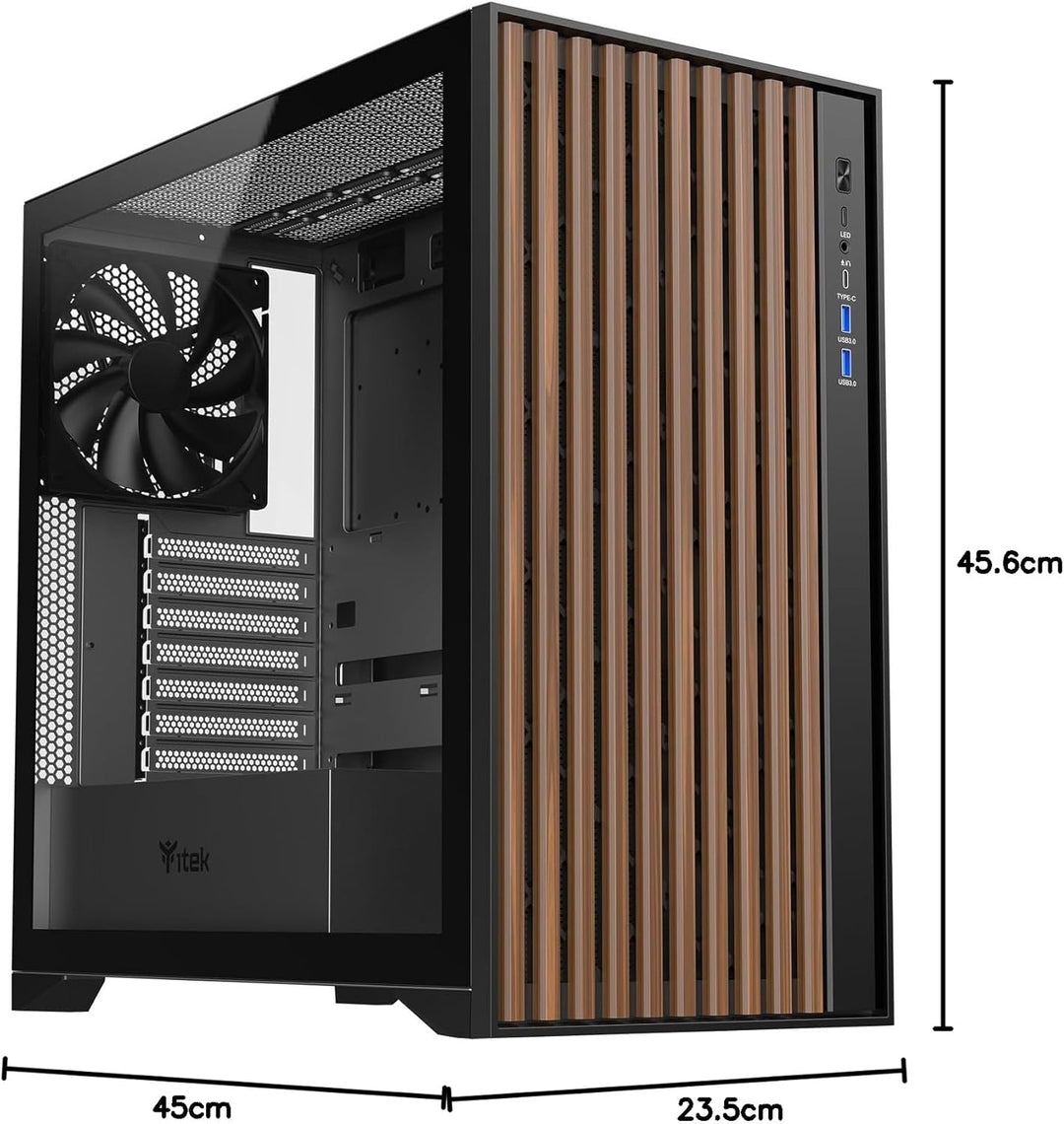 Itek Case Woody - Gaming Tower, ATX, 3x14cm Black Fan, 2xUSB3, Type-C, Wood Front, Temp Glass Side P
