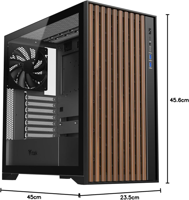 Itek Case Woody - Gaming Tower, ATX, 3x14cm Black Fan, 2xUSB3, Type-C, Wood Front, Temp Glass Side P