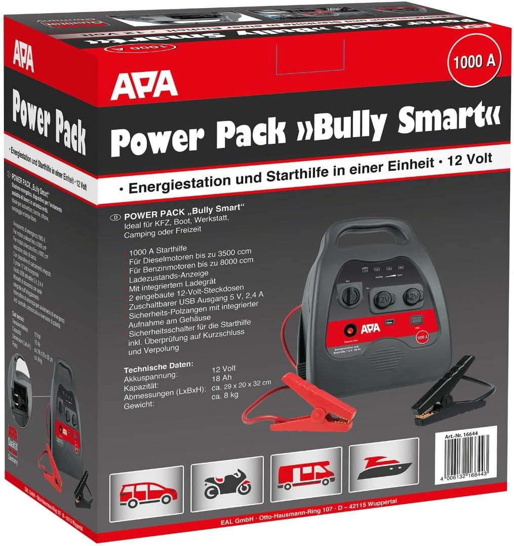 APA 16644 Starthilfe Power Pack Bully SMART, Polzangen isoliert, 12V/1000 A Starthilfe 1000 A, Start