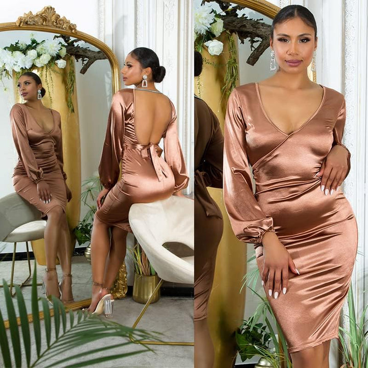 Koucla Rückenfrei Satin Look V-Neck Midi Cocktail Kleid mit Deko Schleife, Braun