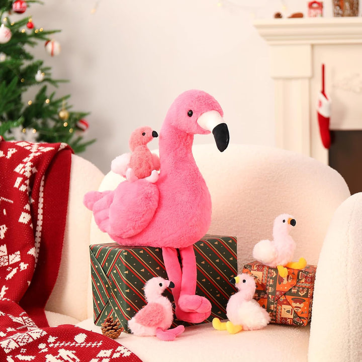 MorisMos 45cm sitzend Plüsch Flamingo mit 4 Baby im Bauch, Rosa Süss Kuschelig Flamingon Plüschtier