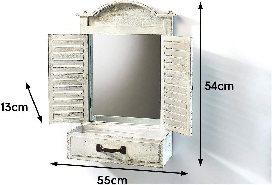 Kobolo Dekofenster Fensterrahmen Holz mit Spiegel -Pflanzschale -White Vintage - 55x13x54 cm