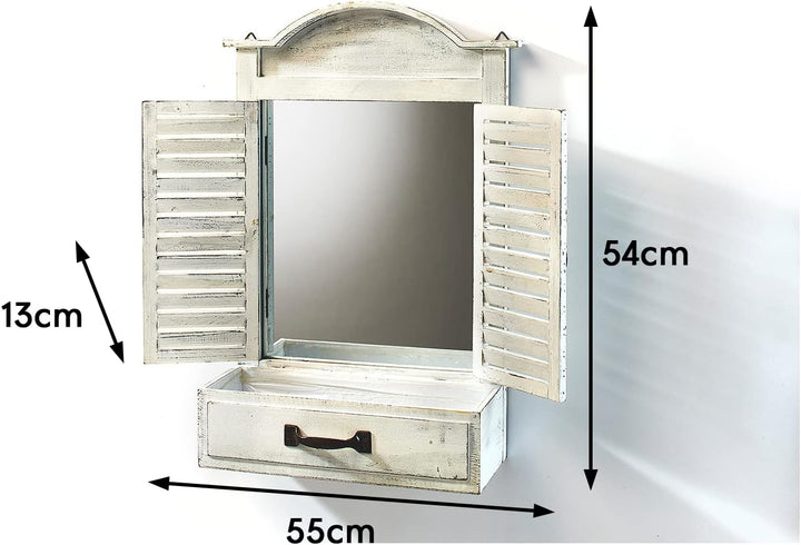 Kobolo Dekofenster Fensterrahmen Holz mit Spiegel -Pflanzschale -White Vintage - 55x13x54 cm