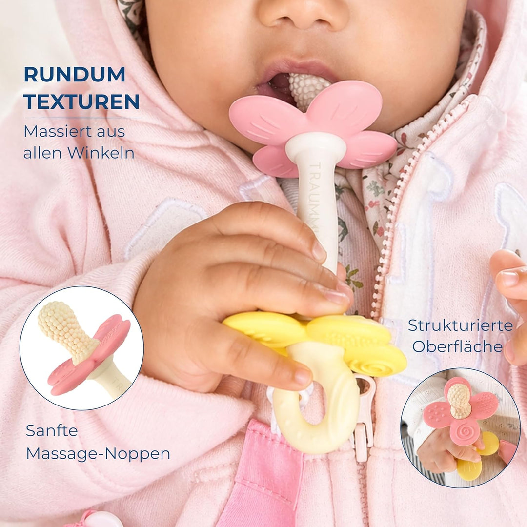 Beissring Baby Blume mit Clip – Baby Zahnungshilfe aus BPA-freiem Silikon, weich &amp; flexibel, Greifli