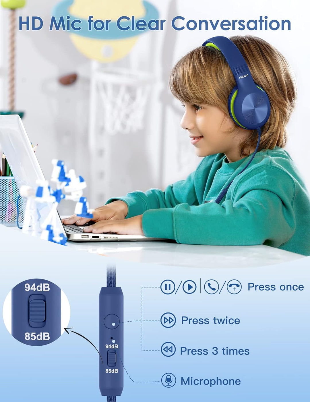 Nabevi Kinder Kopfhörer, Kopfhörer Kinder mit Kabel, 85/94dB Lautstärkegrenze, HD-Ton, Sharing-Funkt