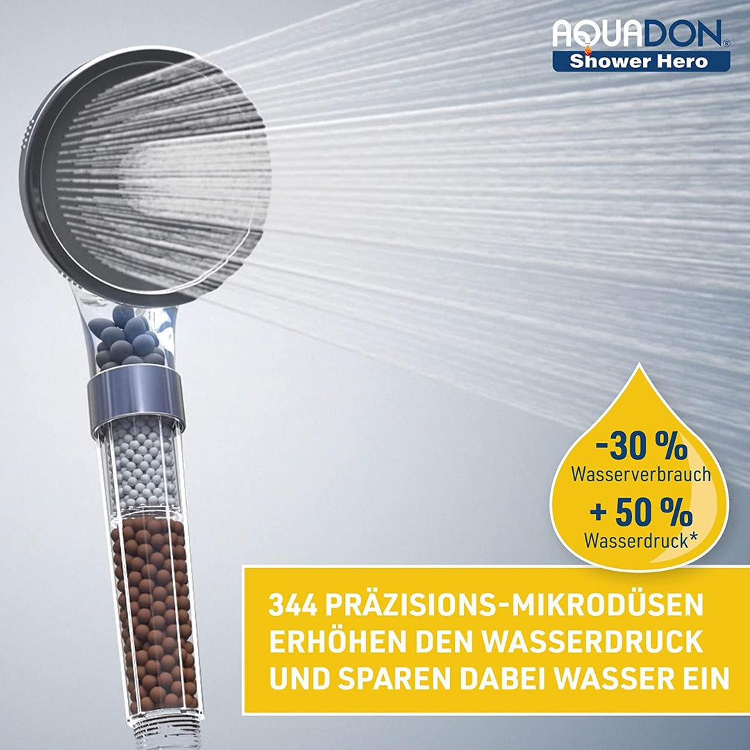 Aquadon Shower Hero – wassersparender Duschkopf mit Mineralsteinen – Duschbrause mit 3 Wasserstrahl-