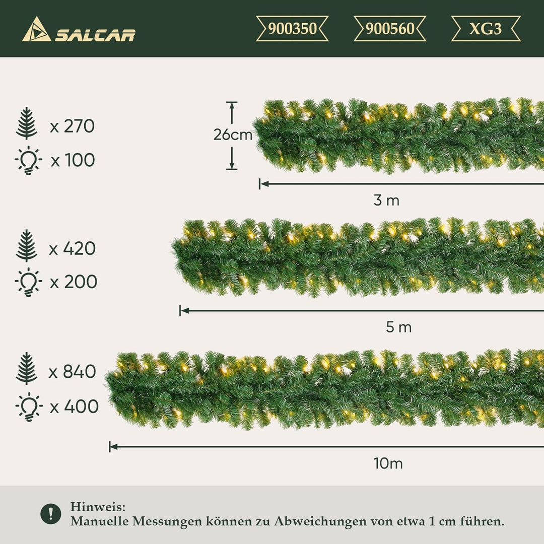 SALCAR Weihnachtsgirlande 5m mit 200 LED Beleuchtung, 31V, Künstliche Tannengirlande für Weihnachten
