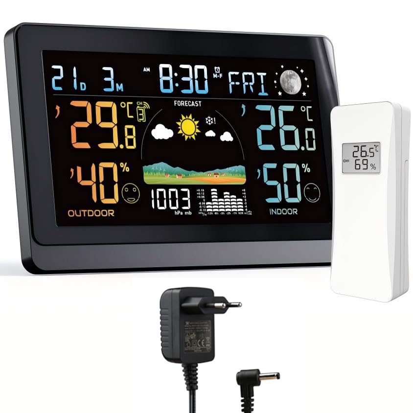DC Grosse Wetterstation für den Innen- und Aussenbereich, kabellos, Display VA von 7,5 Zoll, Farbe m