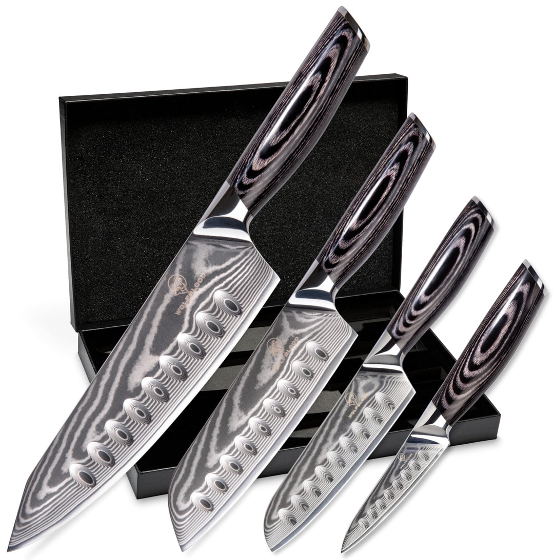 Wolfblood PRO 4er Damastmesser Set XL (33, 31, 23 & 19cm) TÜV geprüfter 62 HRC Damaststahl aus 67 La