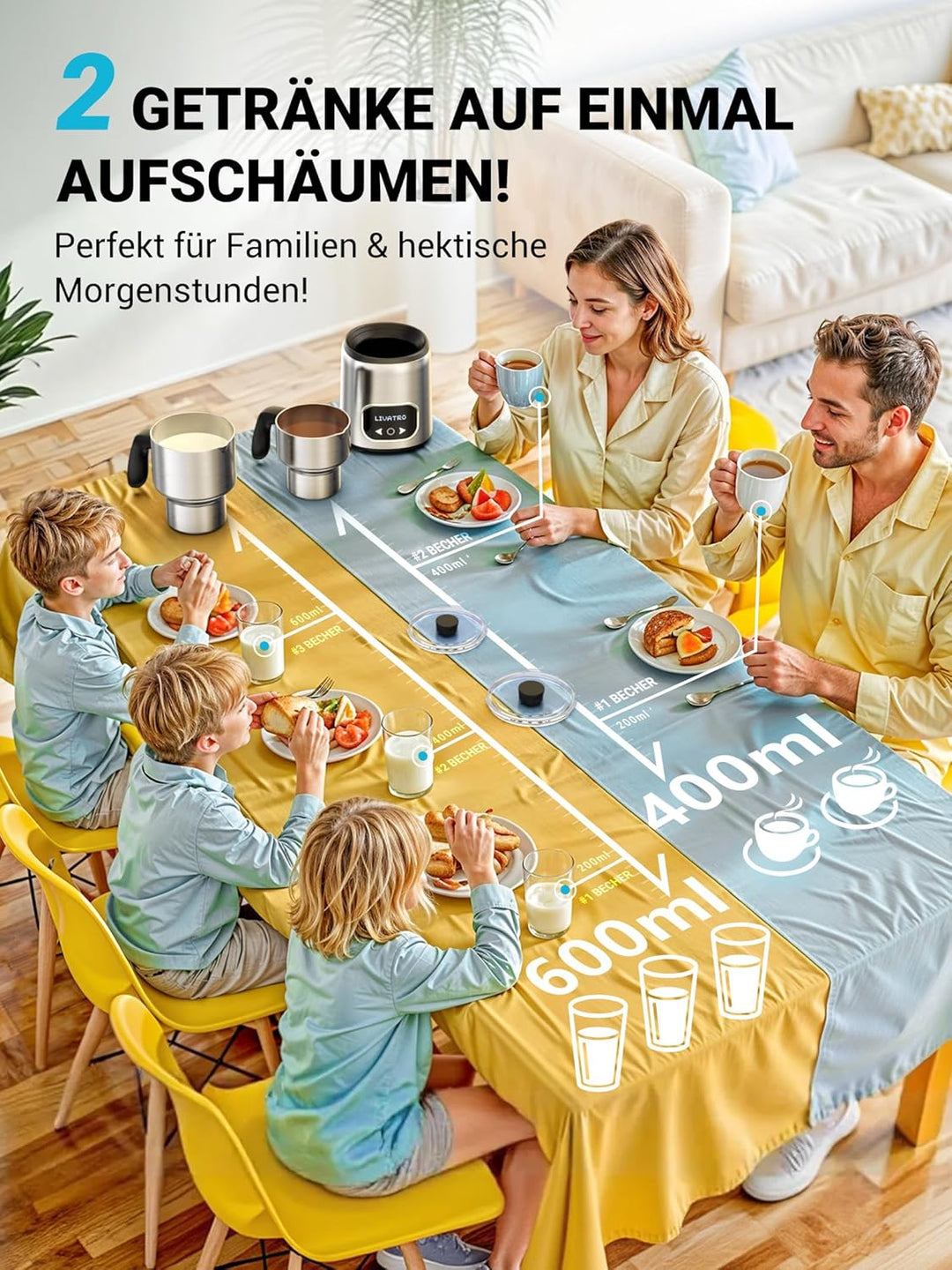 Milchaufschäumer Elektrisch Doppelbechern 600ml & 400ml, Milchaufschäumer Induktion ohne Anbrennen,