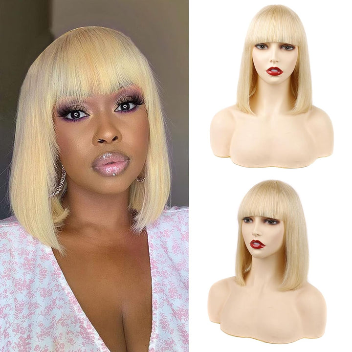 Huarisi 10 Inch Bonde Straight Human Hair Bob Wigs with Bangs 613 Short Bob Wig with Fringe None Lac