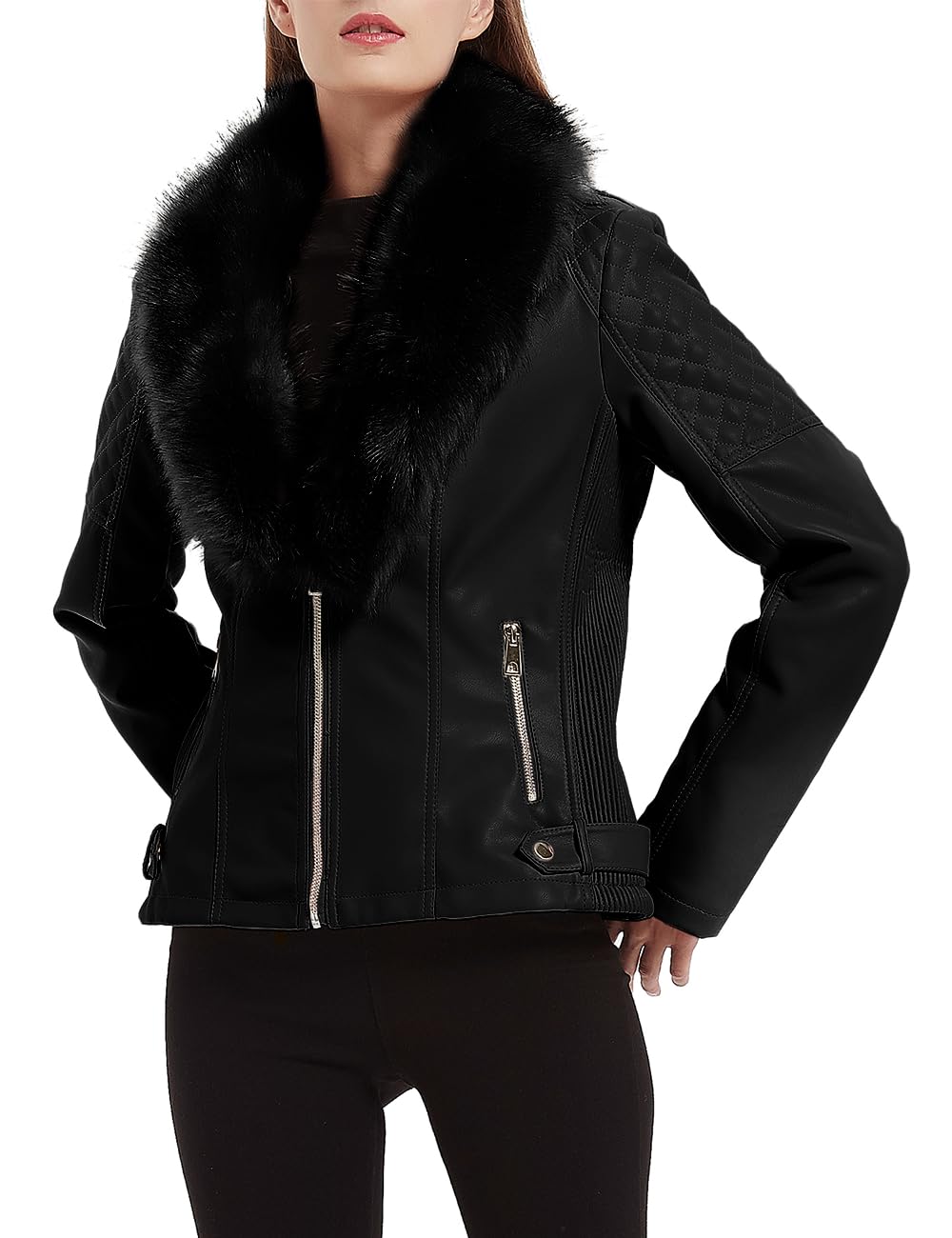 Giolshon Damen Kunstlederjacke Moto Biker Warme Winterjacket mit Kunstpelzkragen, XL