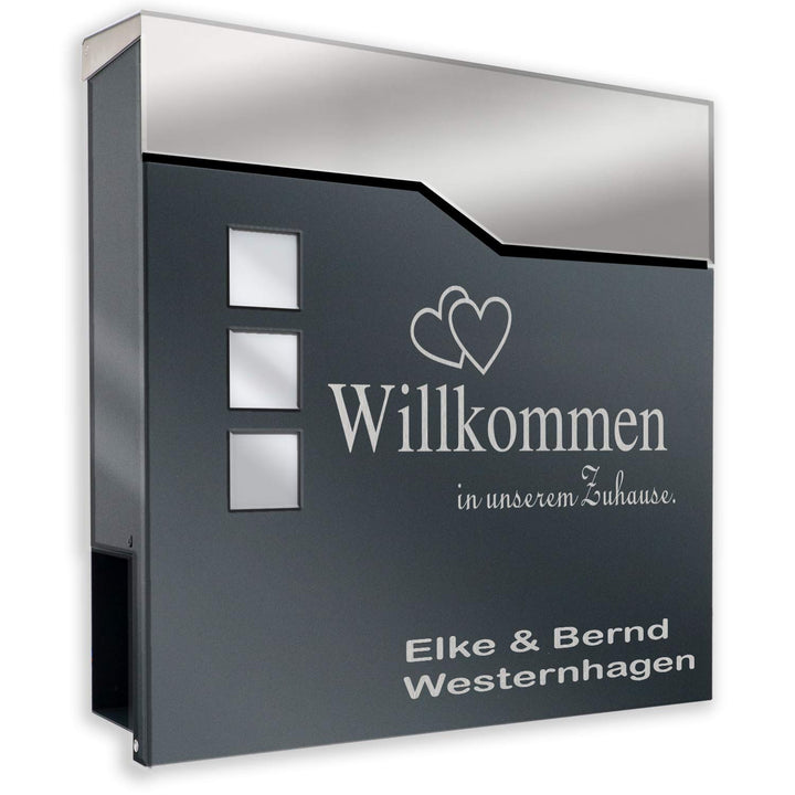 Briefkasten anthrazit RAL 7016 mit Beschriftung - individualisierbarer Design-Briefkasten aus pulver