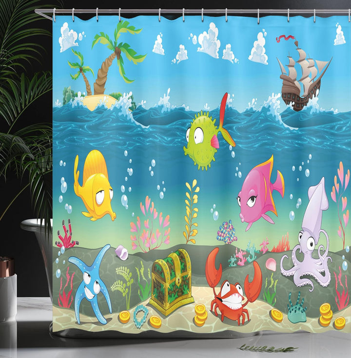 ABAKUHAUS Cartoon Duschvorhang, Meerestiere Unterwasser, Stoffliches Gewebe Badezimmerdekorationsset
