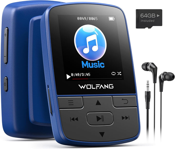 WOLFANG 64 GB MP3-Player mit Bluetooth 5.2, Sportclip, Mini-Grösse, Gewicht 28,3 g, HiFi FM-Radio, D