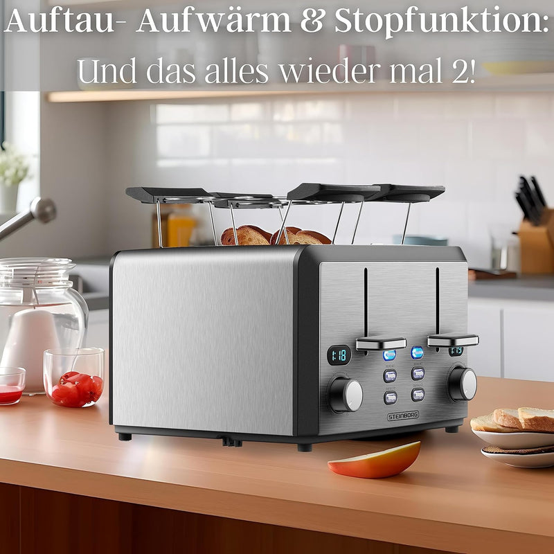 XXL Toaster 4 Toastschlitze | Toastautomat | 1600 Watt | 6-Stufen Bräuneregler | 2x Brötchenaufsatz