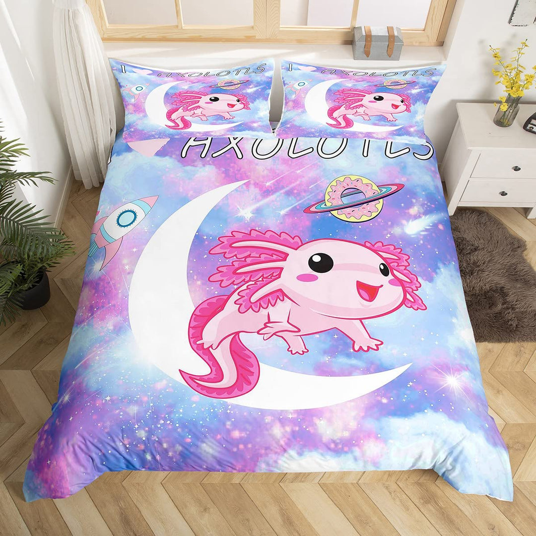 Loussiesd Kawaii Axolotl Betten Set Karikatur Axolotl Rosa Lila Galaxis Bettwäsche Set 135x200cm 3D