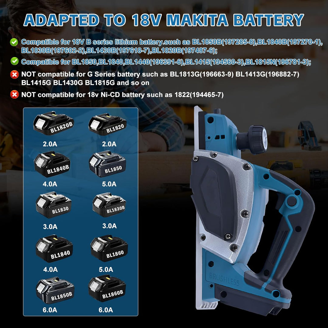 Akku-Hobel kompatibel mit Makita 18V-Akku (82mm, ohne Akku/ohne Ladegerät), 20.000 U/min, Bürstenlos