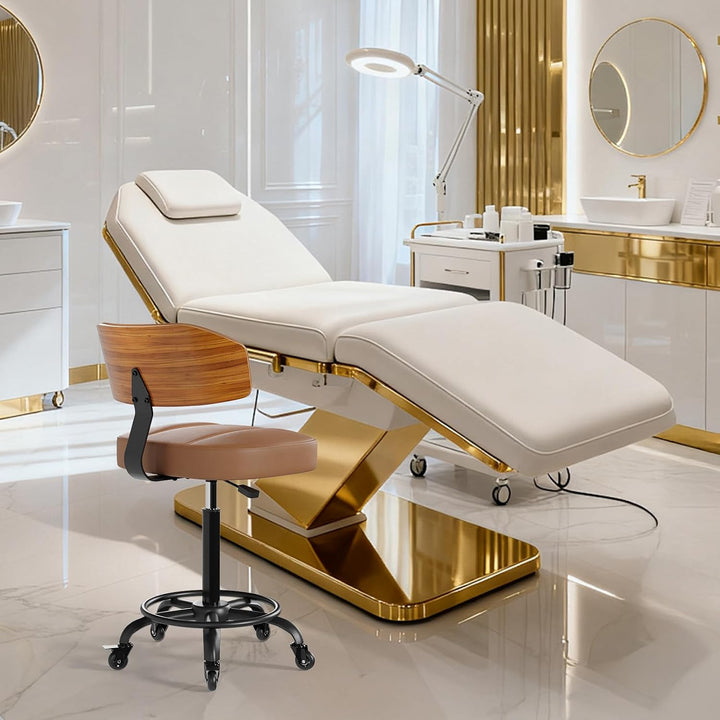 Rollhocker HöHenverstellbar, Bürohocker Ergonomisch,Arbeitshocker, Drehhocker 360°,Mit Massivholz Rü