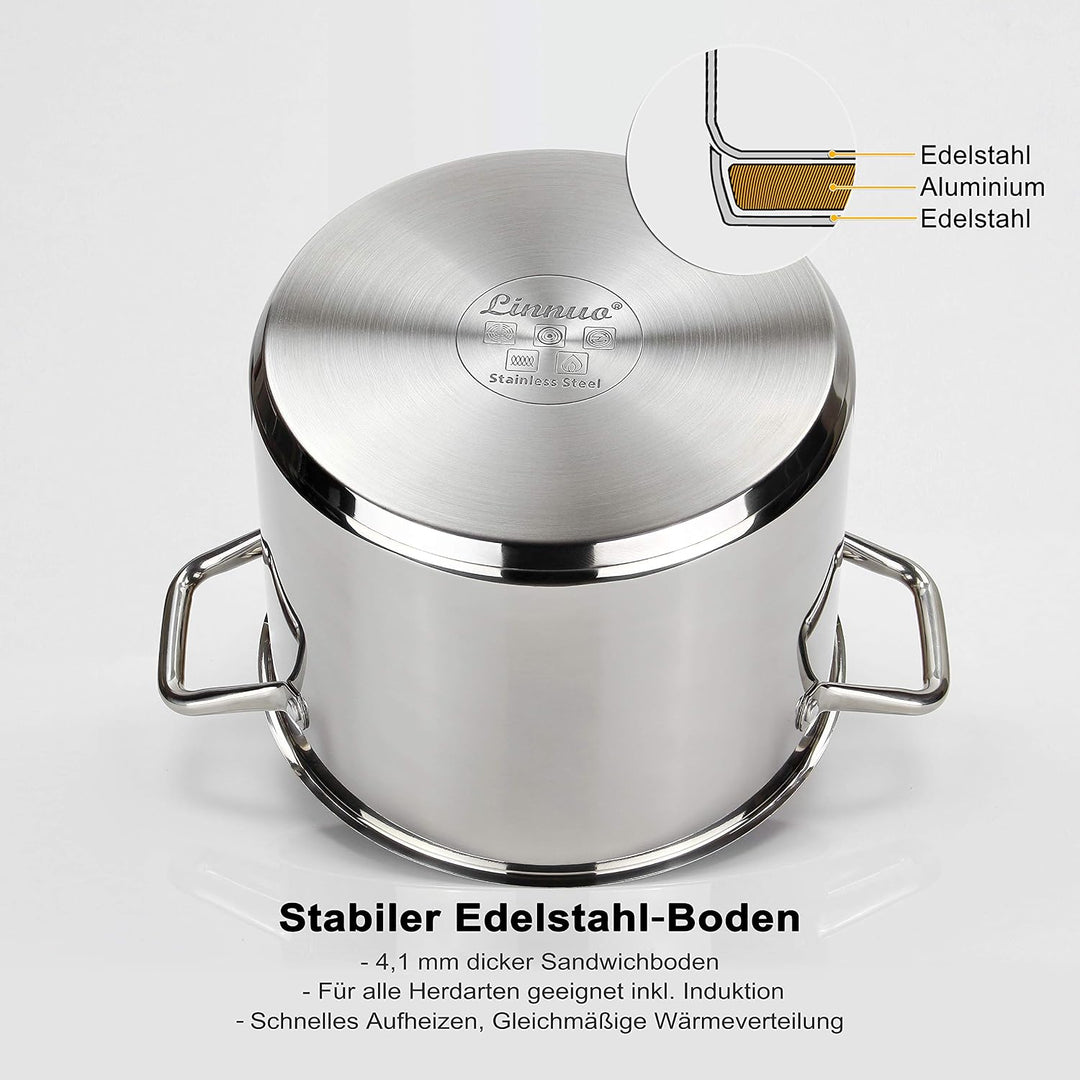 Linnuo Topf 10l mit Glasdeckel, Edelstahltopf, Griff nicht heiss | Topf Induktion geeignet, Stabiler