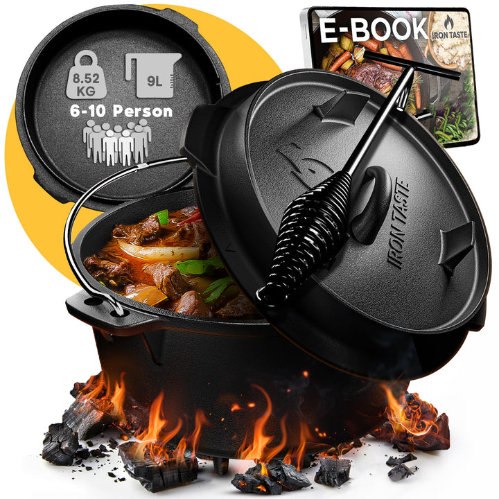 IRON TASTE Dutch Oven Set 9L - Eingebrannter Dutch Oven 9 Liter - Feuertopf Gusseiserner Topf mit Fü