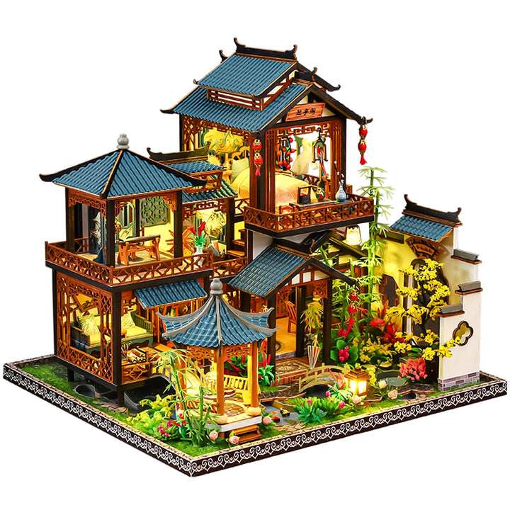 Spilay DIY Miniature House, Chinesisches Gartenhaus Miniatur Puppenhaus mit Musikbox & Staubschutzha