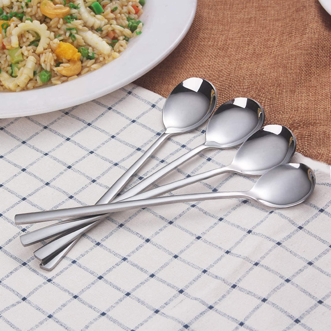 8 Stück Edelstahl 21,6 cm Koreanischer Löffel mit langen Griffen, Reislöffel, asiatischer Suppenlöff