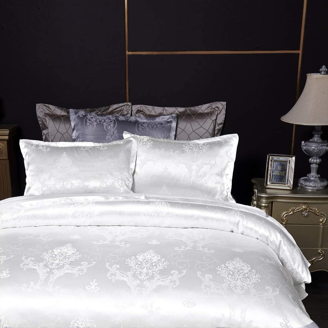 DXHOME Seiden Bettwäsche Satin 155x220 cm 3teilig Weiss Jacquard Wendebettwäsche Seide mit Weiss Blu