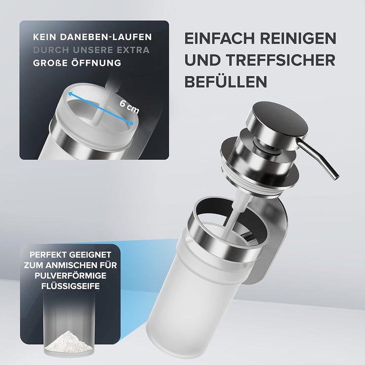 ovimar Seifenspender Kegnaes | Silber | Wandmontage ohne Bohren | aus Edelstahl und weissem Glas | e