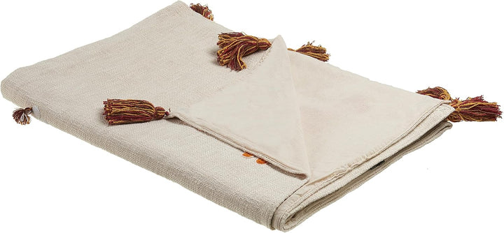 Deko Decke Baumwolle beige/orange mit Lama-Motiv Quasten 130x180 cm Khandwa