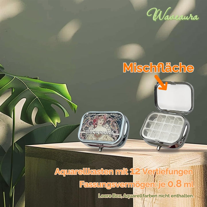 Mini Aquarell Set Unterwegs 12er Leerpalette, 6x6 cm Mini Skizzenbuch 300g/m², Wassertankpinsel & Me