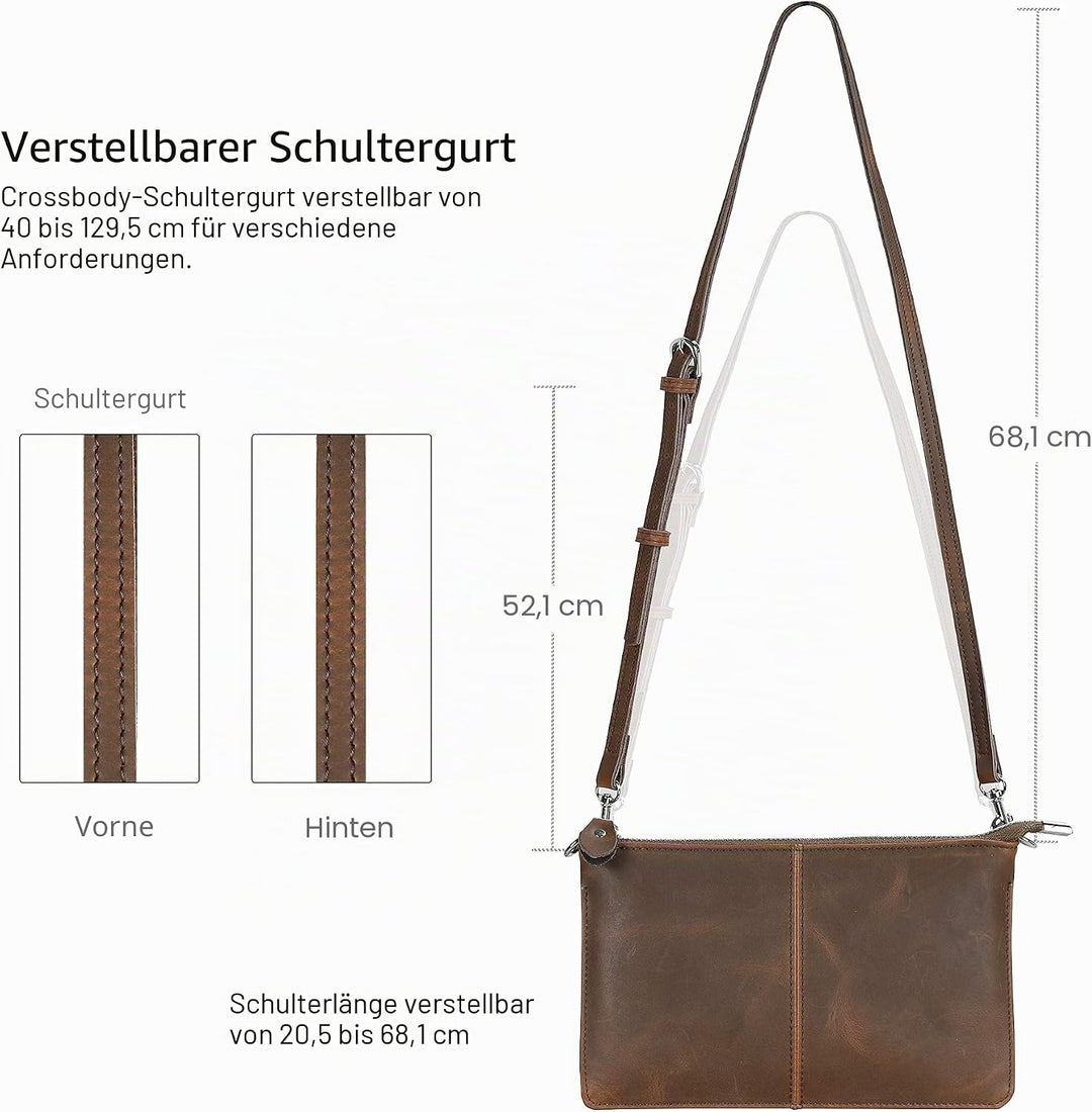 Befen Leder-Clutch, Geldbörse, kleine Umhängetasche für Damen Crazy Horse Leder - Braun, Crazy Horse