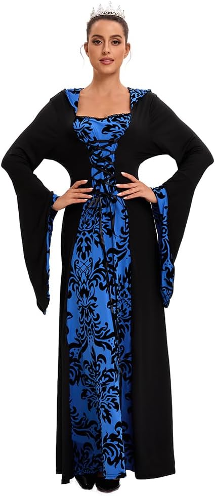 Damen Gothic Kleidung Mittelalter Kleid, Vintage Bodenlangen Gebunden Taille Maxikleid mit Kapuze Pr