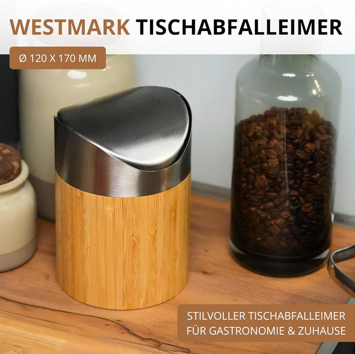 Westmark Tischabfall-/Kosmetikeimer, Schwing-Deckel, Kunststoff-Einsatz, Volumen: ca. 0,8 Liter, ø 1