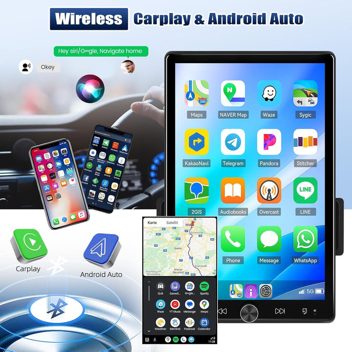 CAMECHO Autoradio 1 Din 10.4 Zoll Wireless Carplay Android Auto Radio mit Bildschirm Bluetooth Schüt