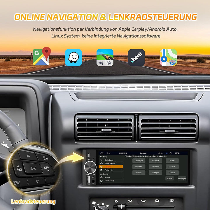 1DIN Bluetooth Autoradio mit Bildschirm, CarPlay &amp; Android Auto, Rückfahrkamera, Navi, FM, 6,28 Zoll