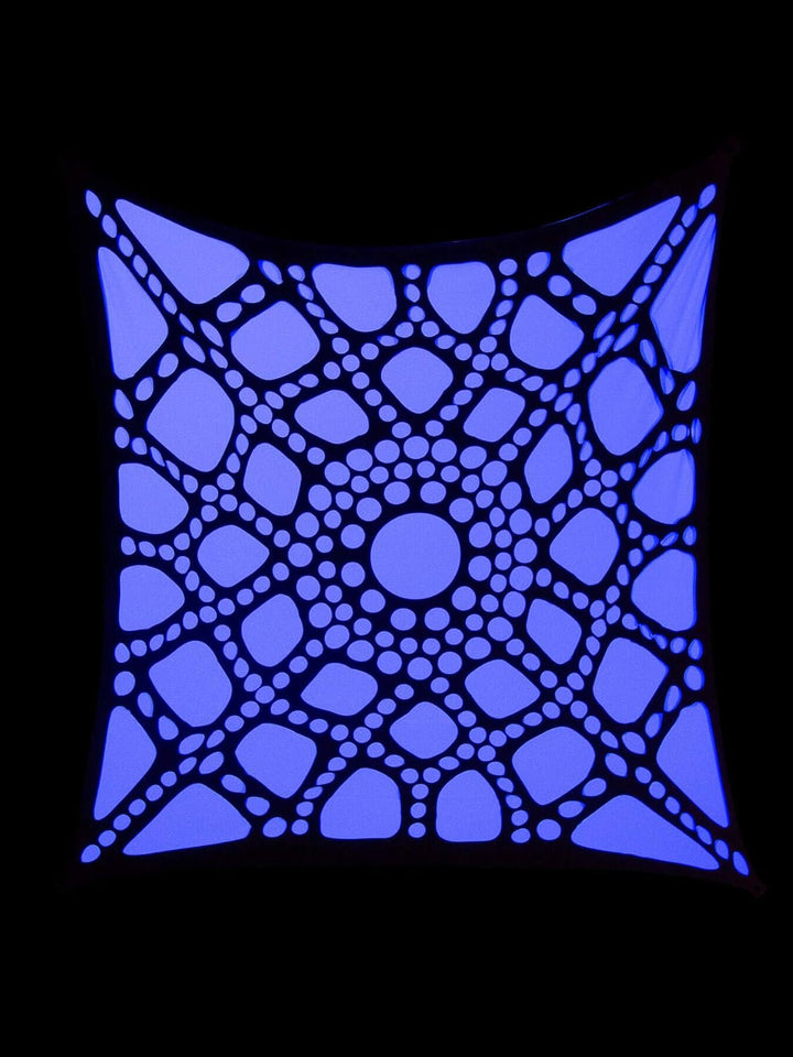 PSYWORK Schwarzlicht Segel Spandex | 3D Neon Spiderweb Black | Weiss | 3 x 3m | UV-aktiv | Leuchtend
