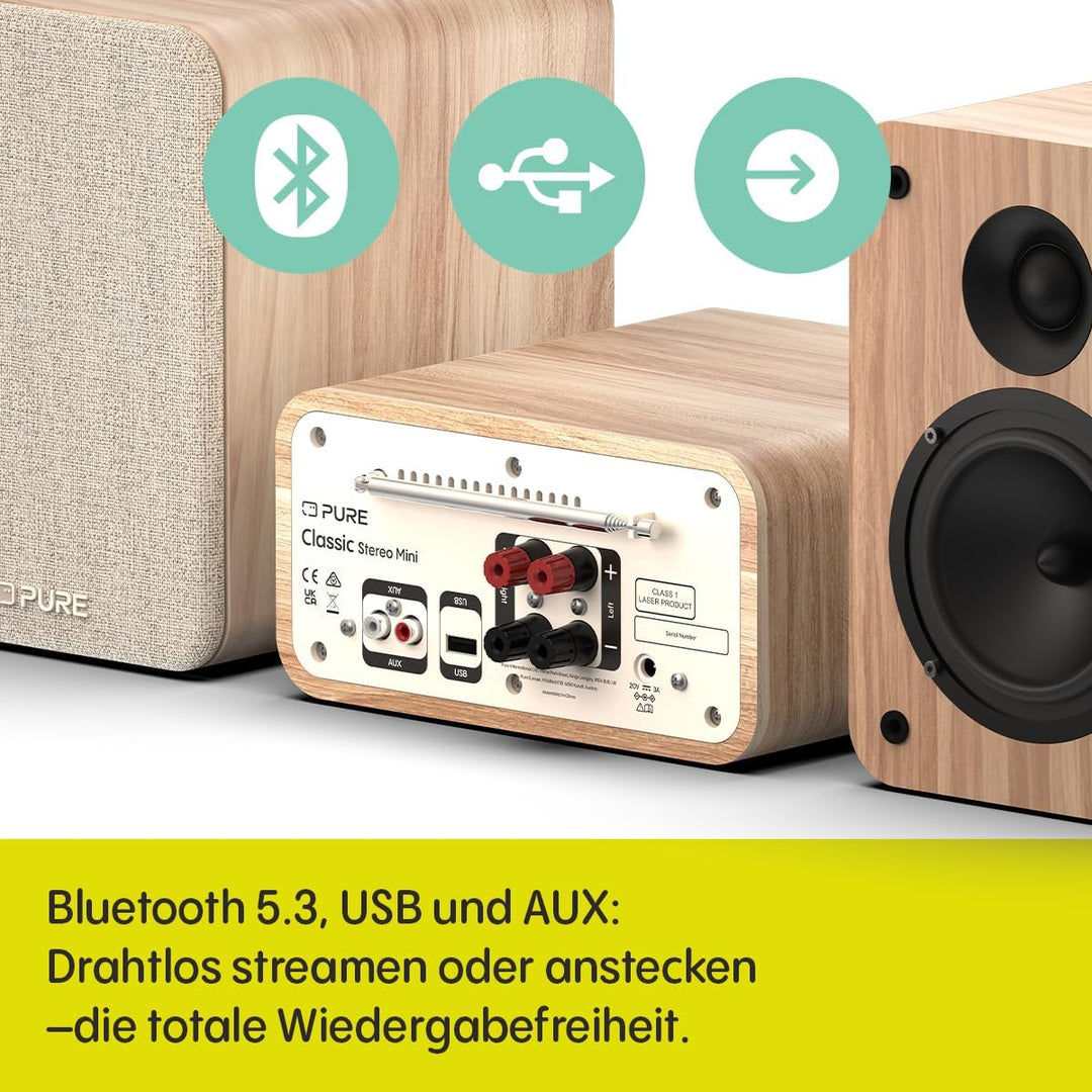 Pure Classic Stereo Mini Mikro HiFi Anlage mit CD-Player DAB+ Radio Bluetooth 5.3 USB AUX Kopfhörera