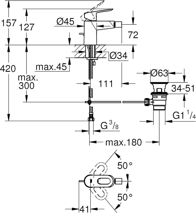 GROHE Bauloop - Einhand- Bidetbatterie (wassersparend, 1/2", mit Zugstange), chrom, 23338000