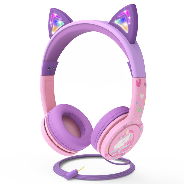 FosPower Kinderkopfhörer mit LED Katzenohren, 85dB Lautstärkebegrenzung, 3.5mm On-Ear Kabelgebundene