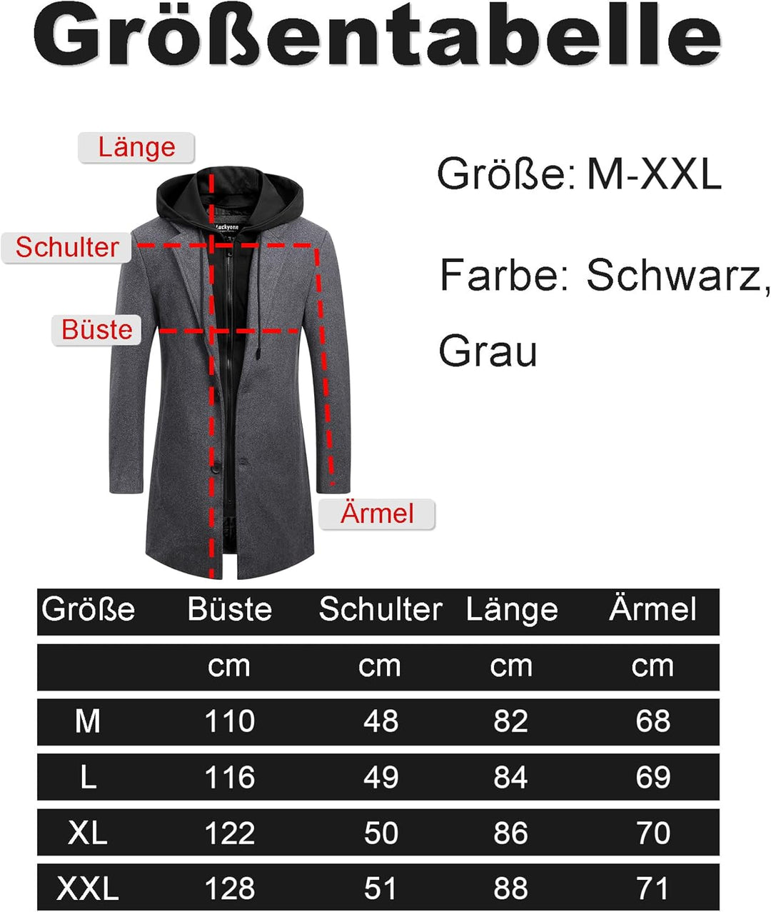 Luckyone Wintermantel Herren Mantel Loose Fit Lang Wollmantel Business Mantel mit Stehkragen Herren