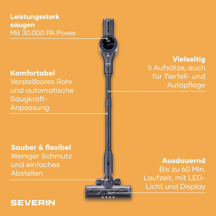 Severin Akku-Handstaubsauger kabellos, 5 Aufsätze, für Tierhaare/Auto/Hartböden, 30.000Pa/400W/60Min