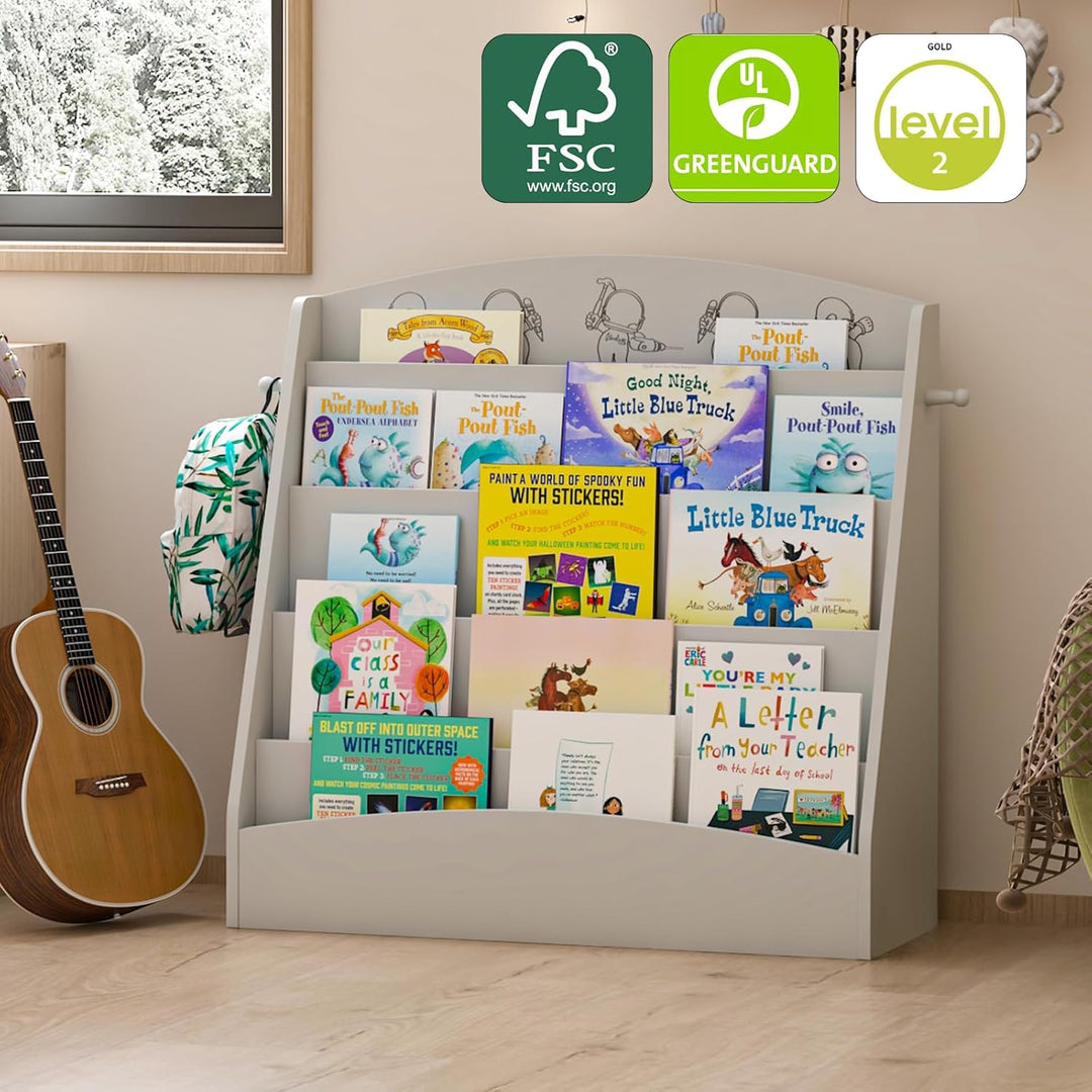 KEEPREAPER Kinder Bücherregal mit 5 offenen Fächern und Haken, Kinderregal Holz, Montessori Aufbewah