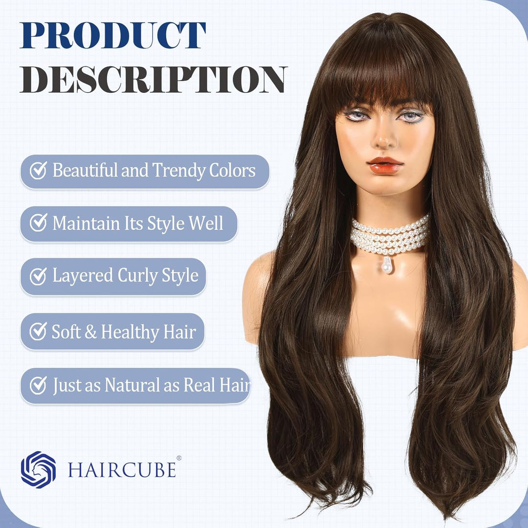 HAIRCUBE Lange dunkelbraune Perücke mit Pony, geschichtete lockige Perücken für Frauen, natürliche s