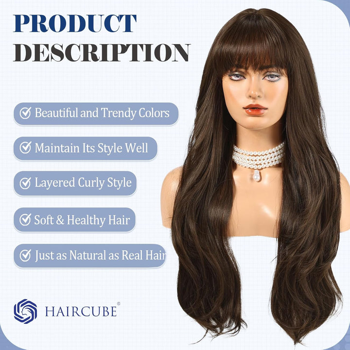 HAIRCUBE Lange dunkelbraune Perücke mit Pony, geschichtete lockige Perücken für Frauen, natürliche s