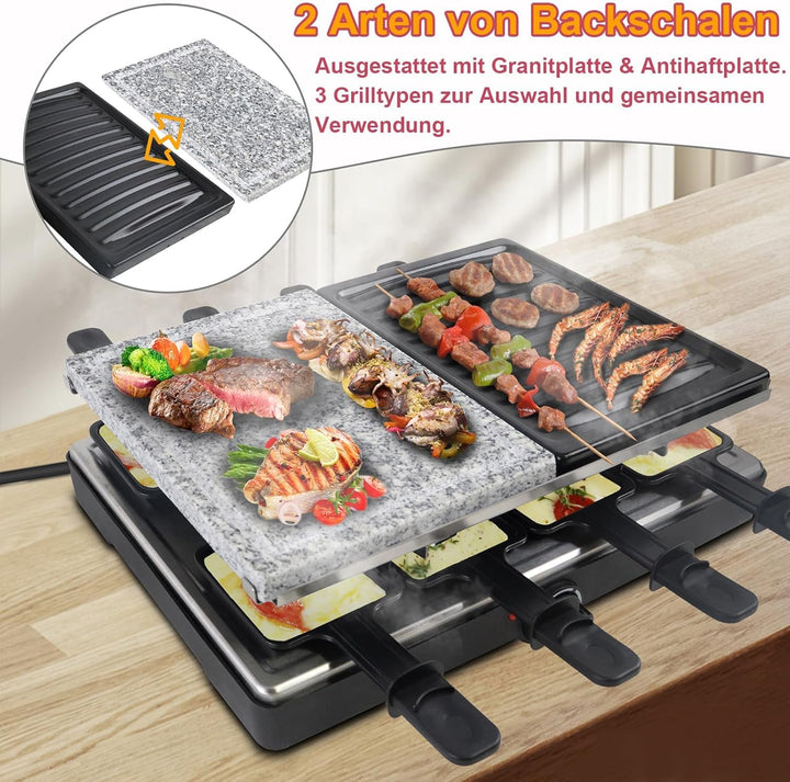 UISEBRT Raclette Grill für 8 Personen,1400W Elektrogrill mit Granitplatte & Grillplatte Antihaftbesc