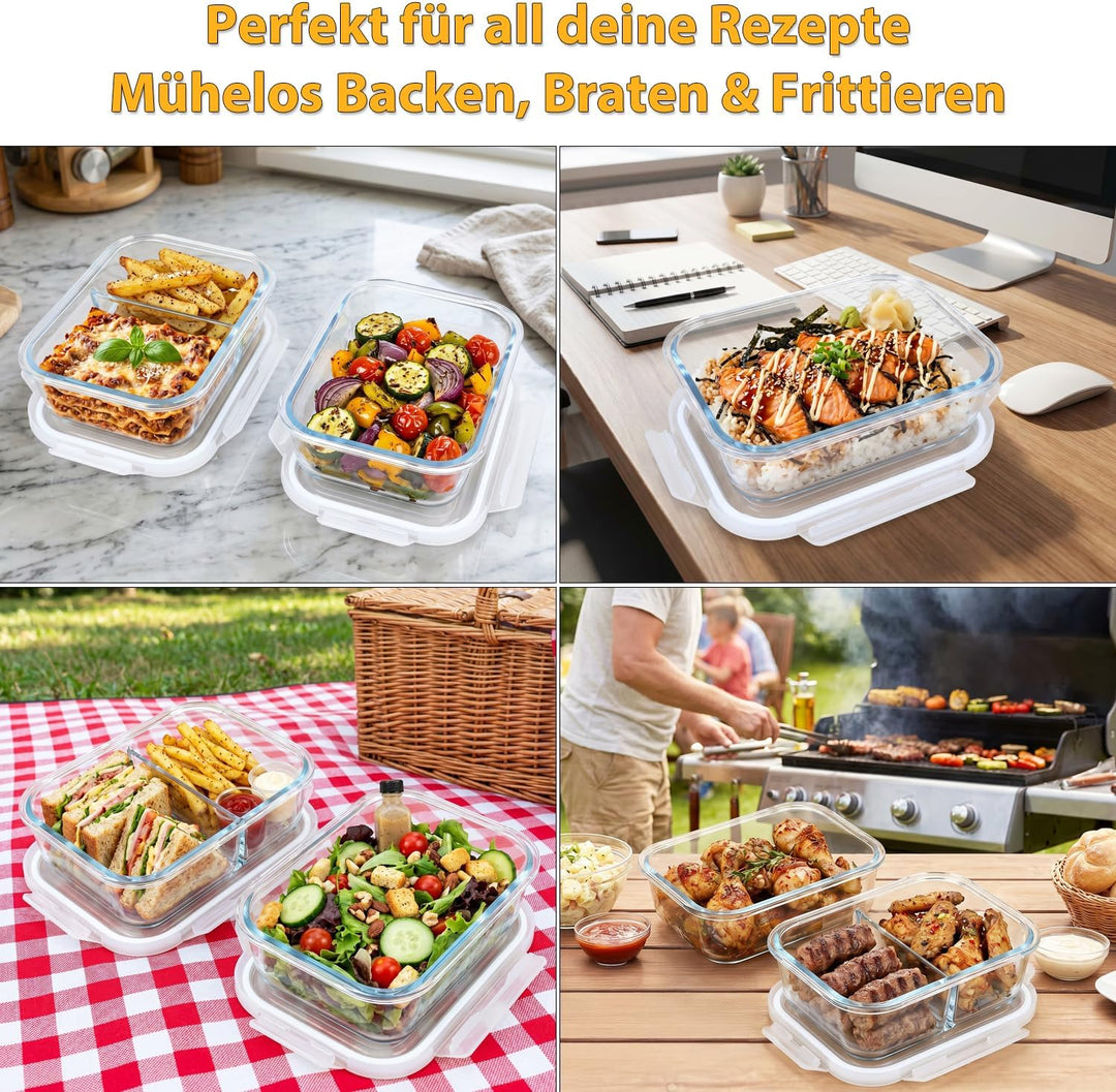 BYKITCHEN 2 Stück Glas Auflaufform für Airfryer mit Deckel & Silikon Ofenhandschuhe, Airfryer Zubehö