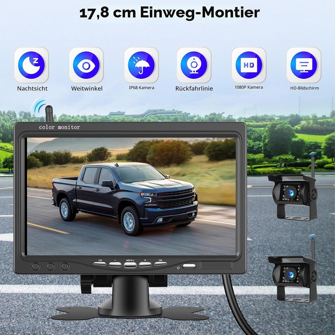 1080P HD Kabelloses Rückfahrkamera Set, Stabile WiFi Wireless Rückfahrkamera, 7 Zoll HD IP68 Wasserd